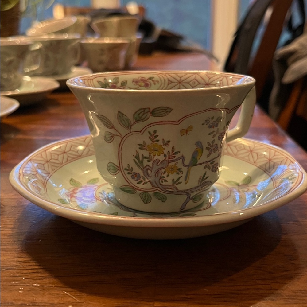 Adams Calyx Ware China Teacups and Saucers. Singapore Bird pattern.